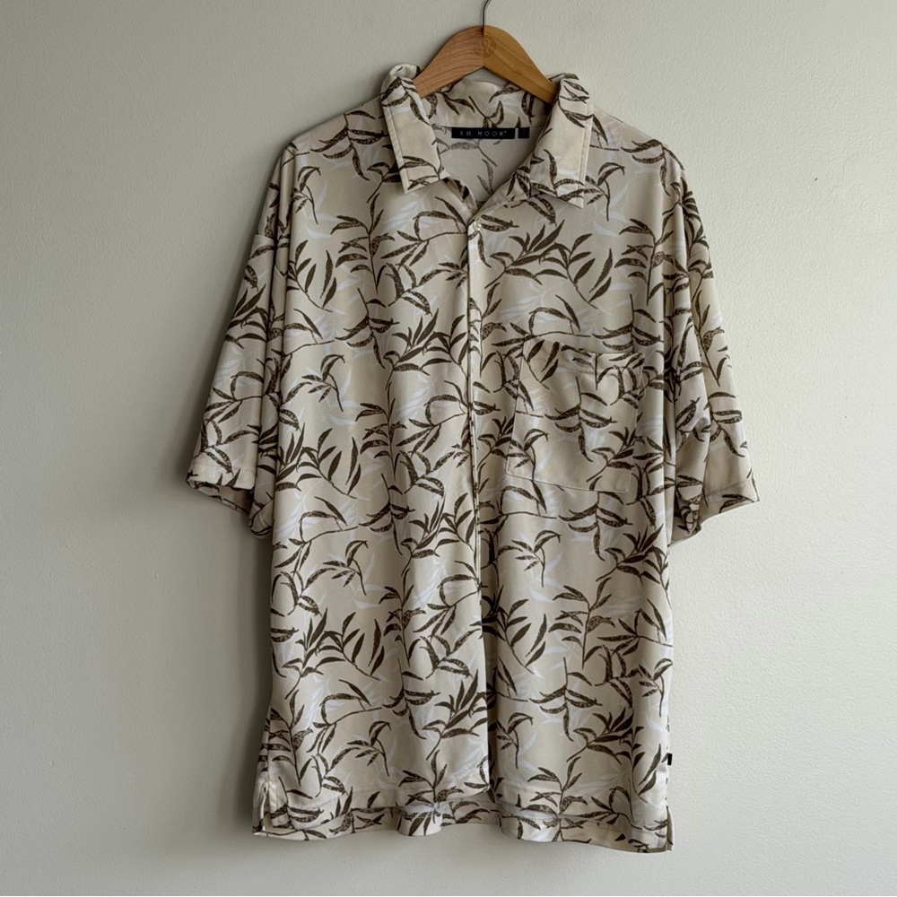 J.G. Hook Men’s Short Sleeve Button Down Shirt Beige Leaf Print XL